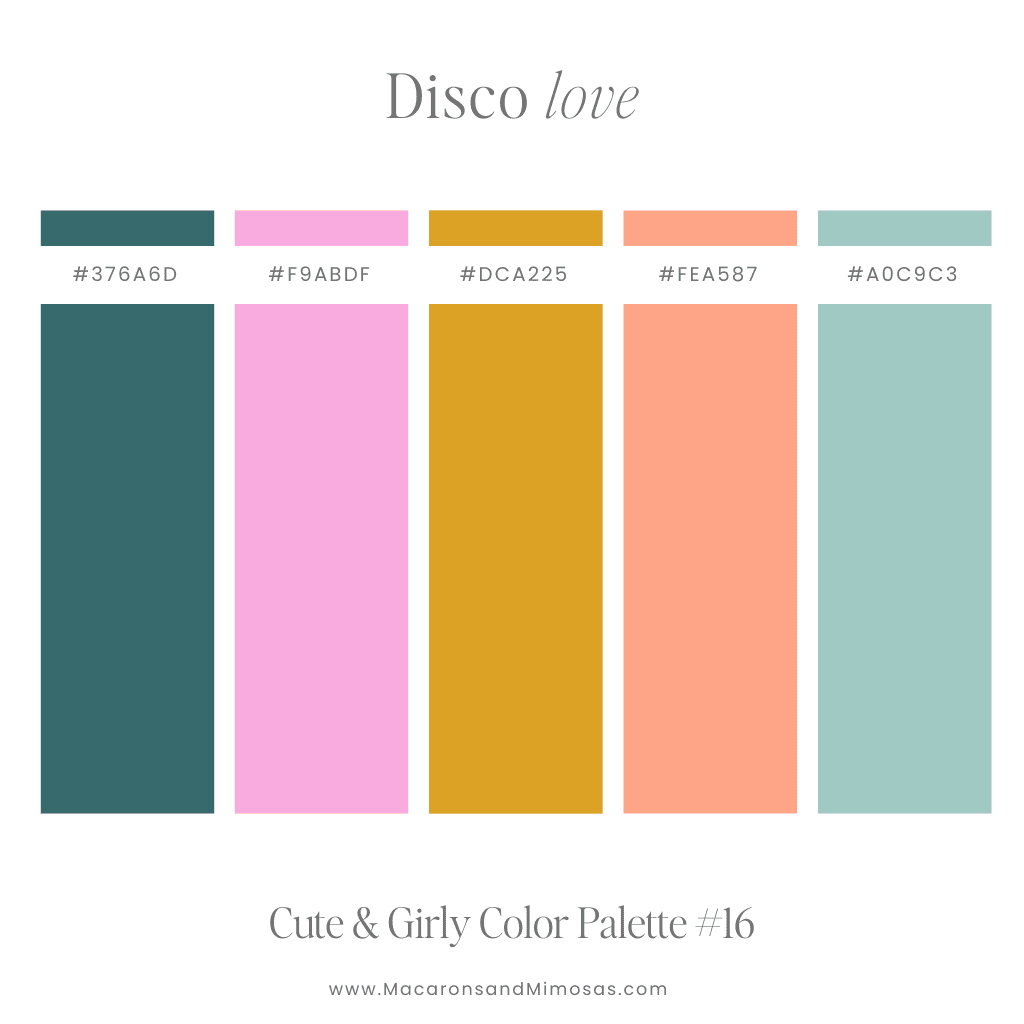 Bright and girly color palette with hex code in pink, navy and gold