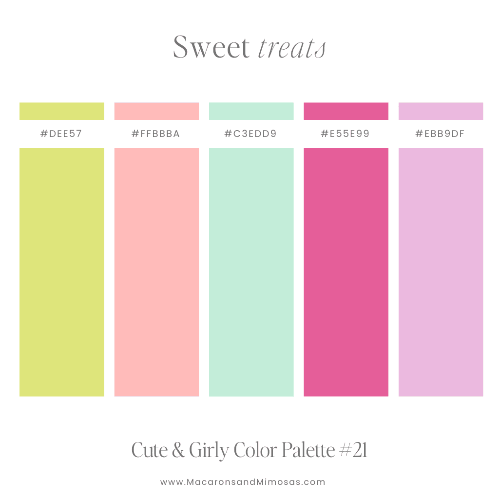 Girly unicorn color palette in shades of pink, purple and mint