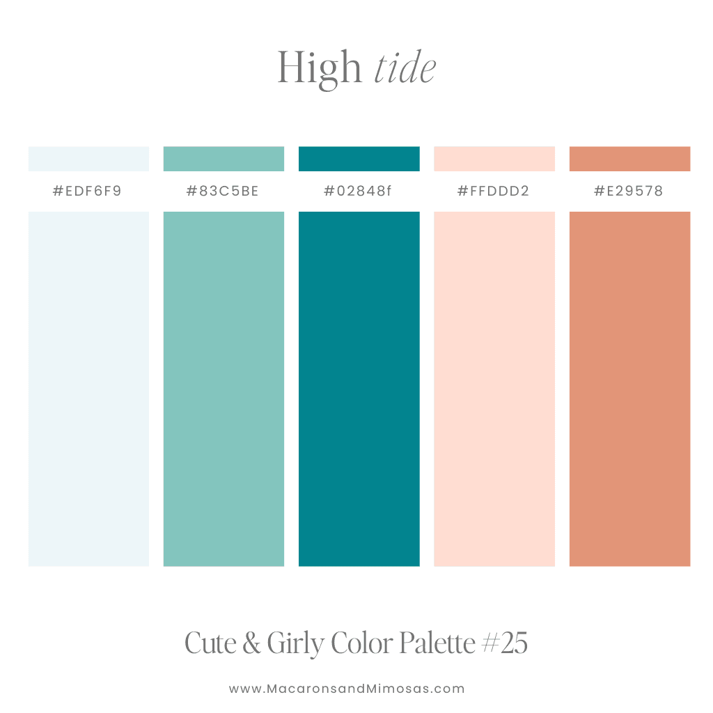 Soft Pastel girly color palette with hex code in pink, teal and peach