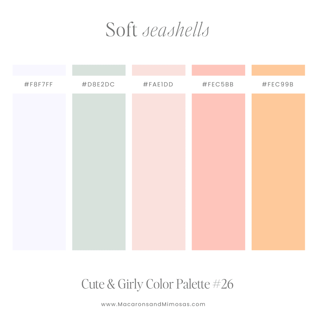 Soft calming girly color palette with hex code in light pink, mint and peach