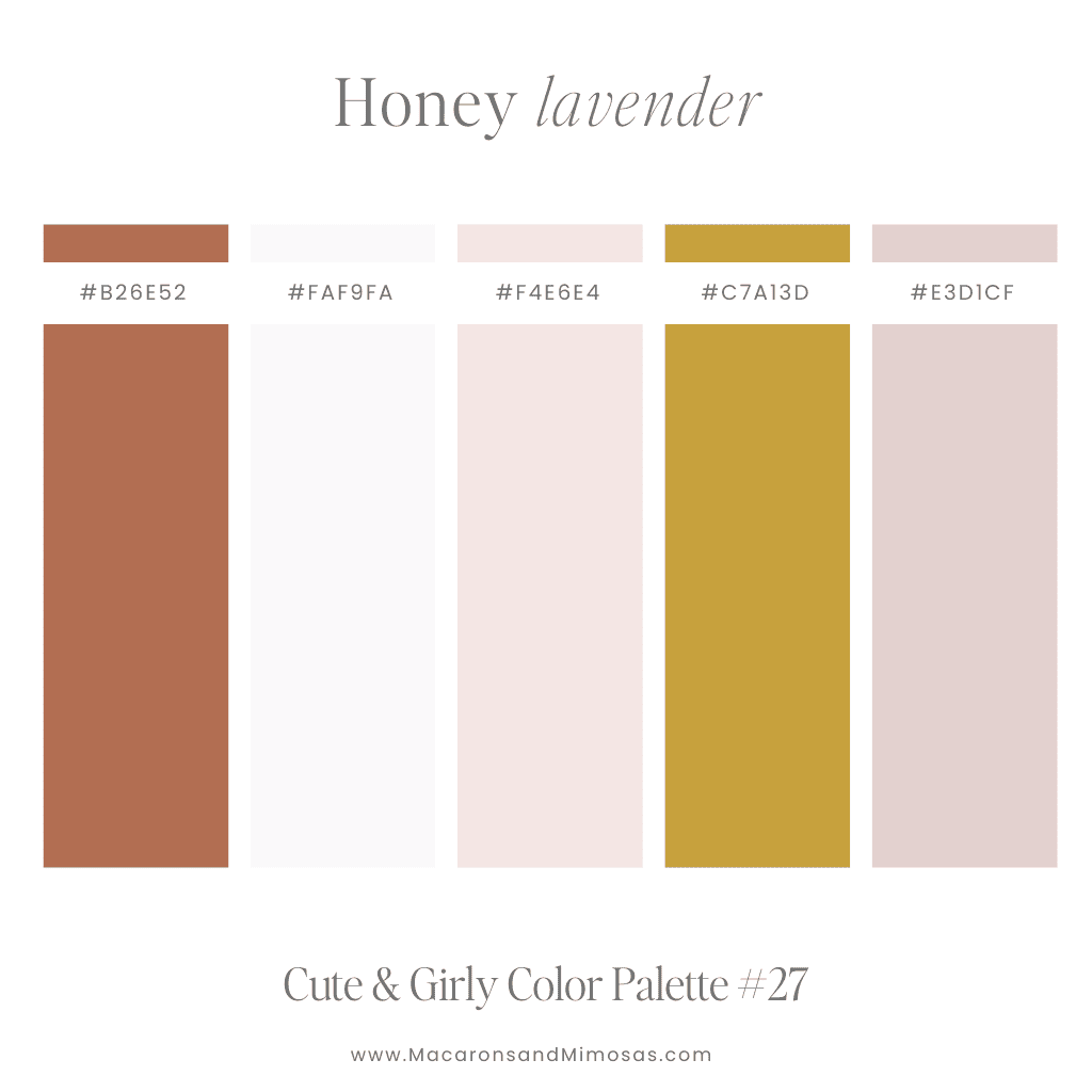 Soft calming girly color palette with hex code in light pink, gold and brown