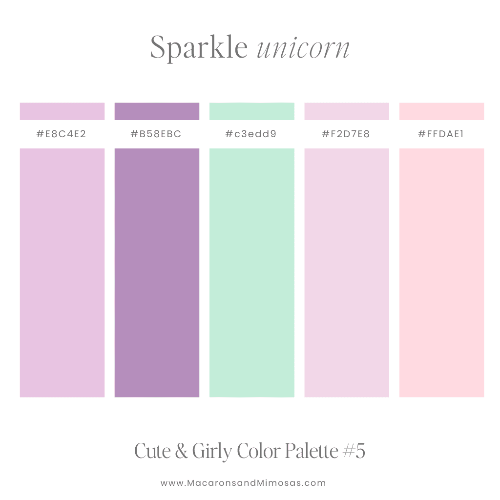 Girly unicorn color palette in shades of pink, purple and mint