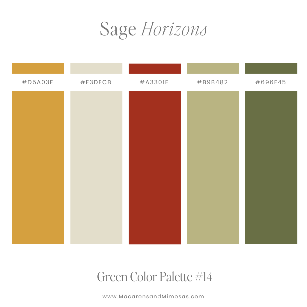 red and sage green color palette with a pop of gold 