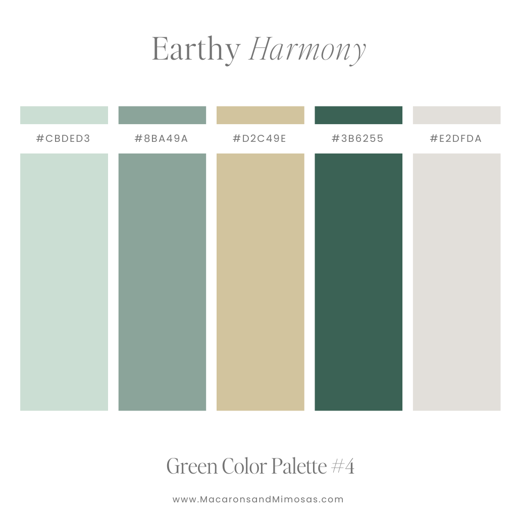 Pretty green and sandy gold color palette with hex codes