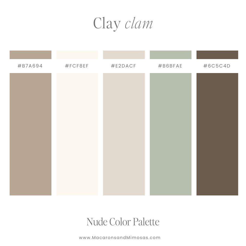 Clay Clam Nude Color Palette - Earthy beiges and soft sage for a rustic, grounded aesthetic.
