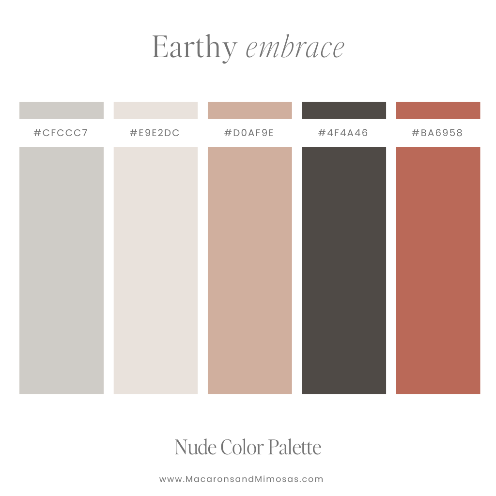 Earthy Embrace Nude Color Palette - Muted neutrals and deep terracotta for a natural, earthy feel.
