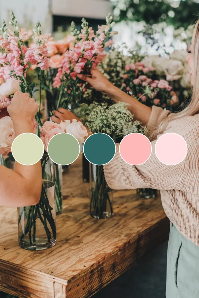 Pink and green color palette with blush and sage garden tones