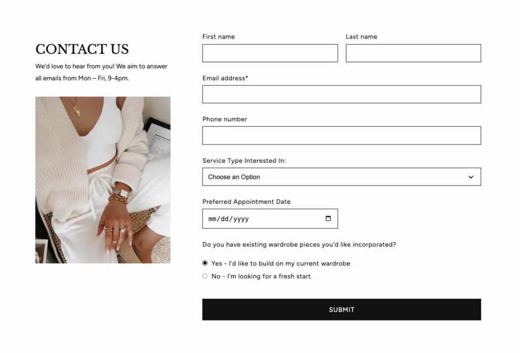 Fully custom Shopify contact form where you can add your own fields - dropdowns, radio buttons, date pickers, checkbox questions