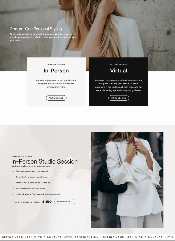 fully built-in services page, complete with animated pricing cards that slide up as you scroll into them. List your services, your packages, your offers, your pricing tiers