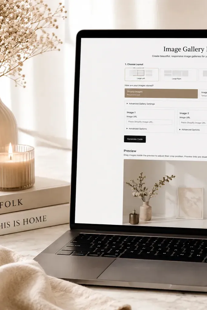 Shopify image gallery builder advanced settings for spacing, rounded corners, and alt text