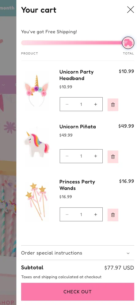 Slide-Out Cart Drawer with Free Shipping Progress Bar Shopify