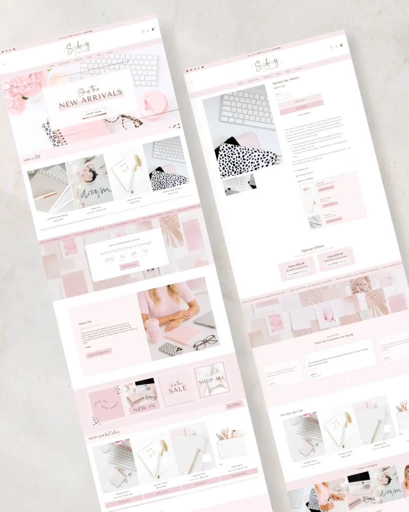 Blush pink and rose gold Shopify theme homepage design for stationery boutiques