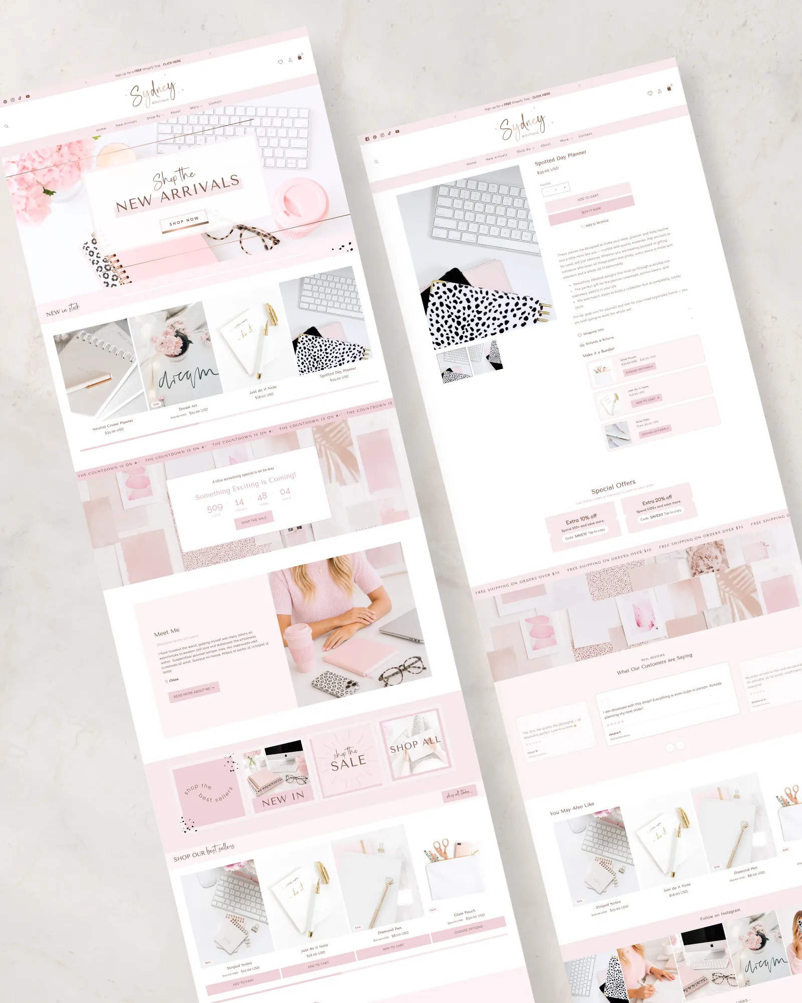 Blush pink and rose gold Shopify theme homepage design for stationery boutiques