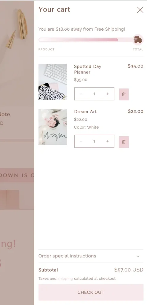 Slide-Out Cart Drawer with Shipping progress bar for shopify