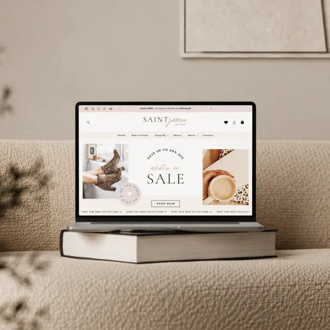 Blush pink boutique Shopify homepage layout shown on desktop screen