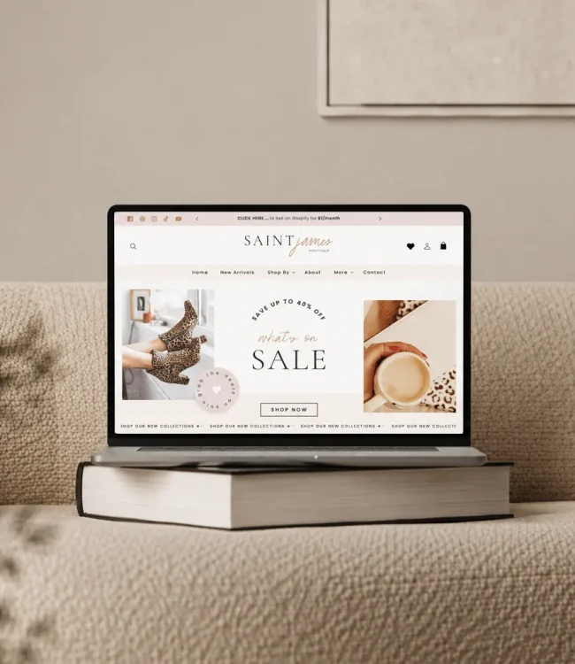Blush pink boutique Shopify homepage layout shown on desktop screen
